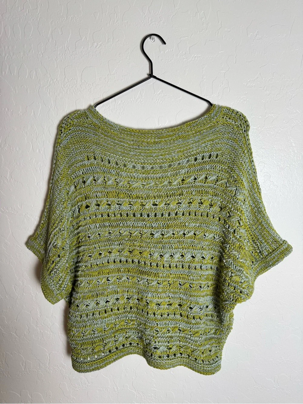 Vertigo Paris Open Knit V-Neck Sweater Lime Green Space Dye Crochet Short Sleeve